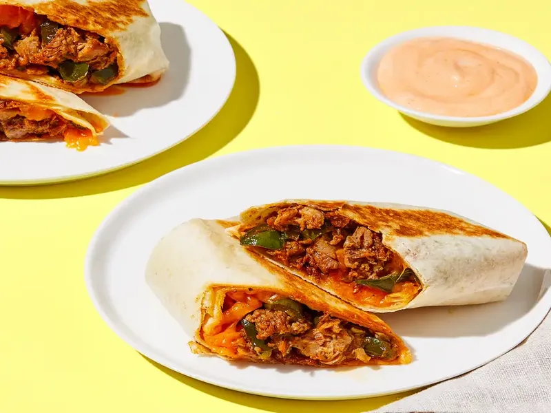 Crispy Pulled Pork and Green Pepper Wraps with Spicy Yogurt