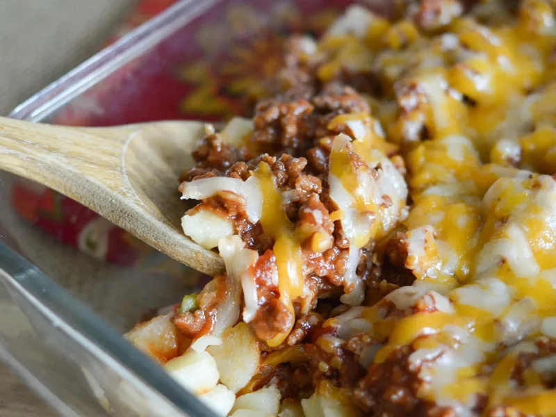 Cheesy Sloppy Joe Hash Brown Casserole with Ground Beef