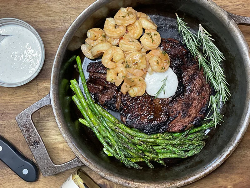 Grilled Bone-In Ribeye Steaks with Caramelized Onion Shrimp