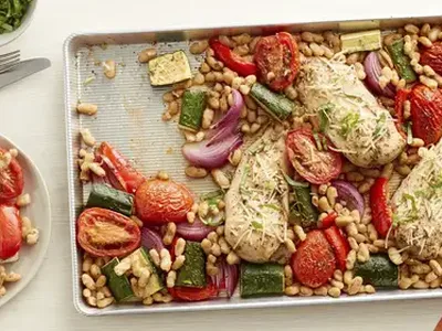 Sheet-Pan Tuscan Chicken with Roasted Vegetables and Beans