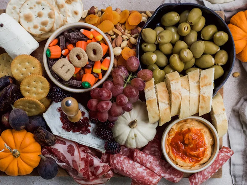 Halloween Charcuterie Board with Themed Cheese Decorations