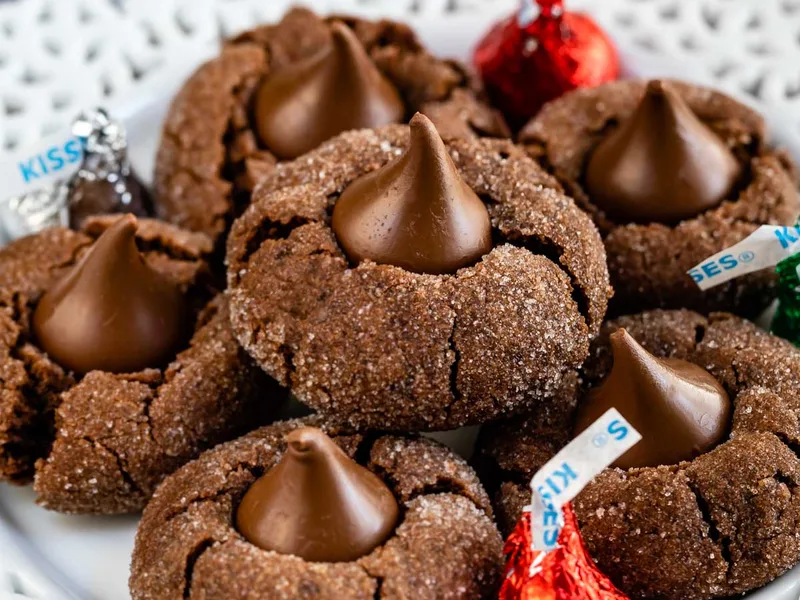 Chocolate Peanut Butter Blossom Cookies with Hershey's Kisses