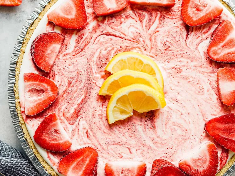 No-Bake Strawberry Swirled Frozen Lemonade Pie