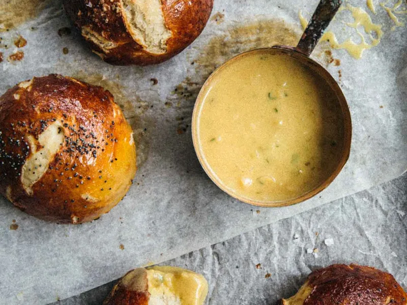 Vegan Soft Pretzel Buns with Mustard Ale Dip