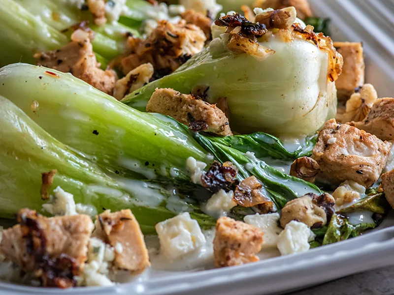 Grilled Baby Bok Choy Salad with Chicken and Blue Cheese