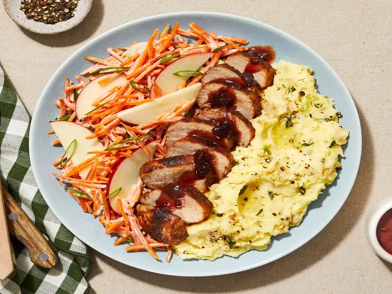 Sweet Smoky Pork Tenderloin with Apple Carrot Slaw and Cherry Sauce