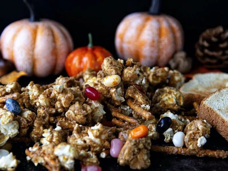 Charlie Brown Thanksgiving Caramel Corn with Pretzel Sticks