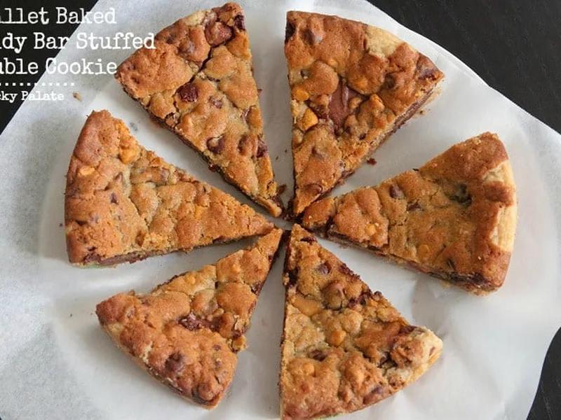 Skillet Baked Double Cookie with Candy Bar Stuffed Center