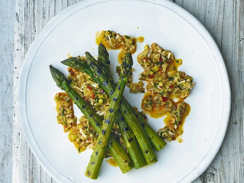 Grilled Asparagus with Vegetable Crumble and Paprika Oil