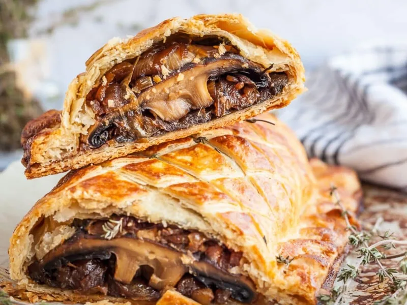 Vegan Mushroom Wellington with Caramelized Onions and Spinach
