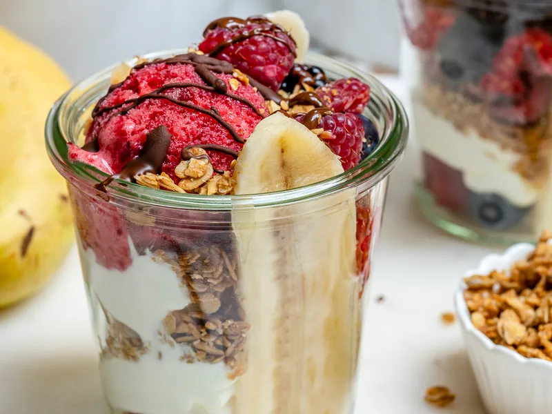 Banana Split Breakfast Jars with Homemade Berry Sorbet