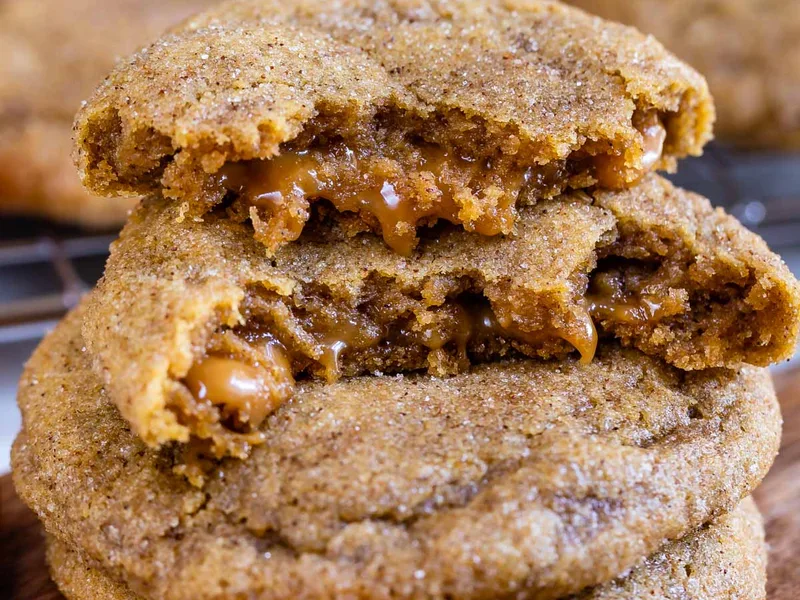 Caramel Stuffed Pumpkin Spice Cookies with Cinnamon Sugar