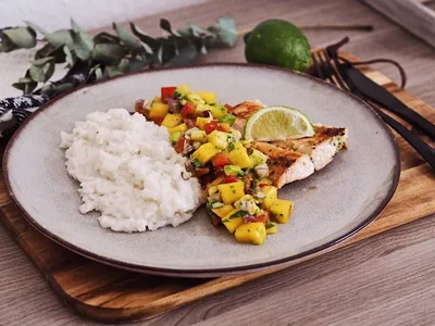 Grilled Salmon with Avocado-Mango Salsa and Coconut Rice