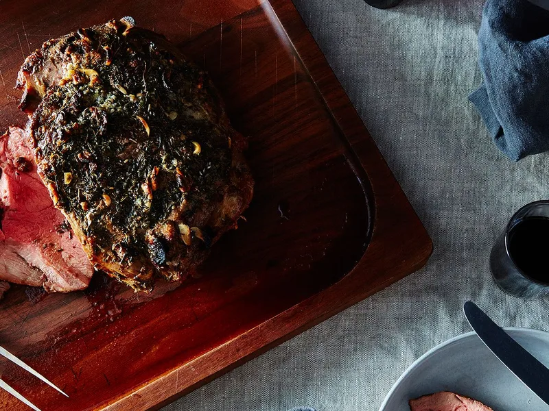 Roasted Leg of Lamb with Garlic Anchovy Herb Crust