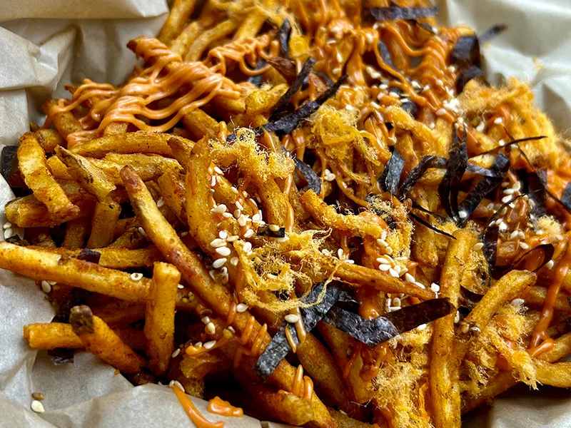 Umami Crispy Fries with Pork Floss and Gochujang Mayo