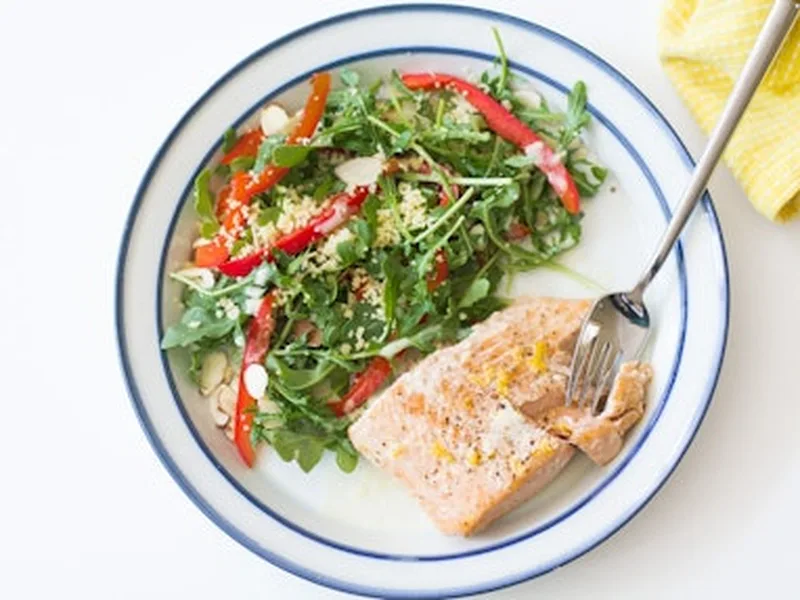 Baked Salmon with Orange-Ginger Reduction and Arugula Salad