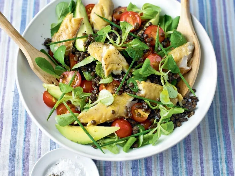 Hot-Smoked Mackerel Salad with Avocado and Puy Lentils