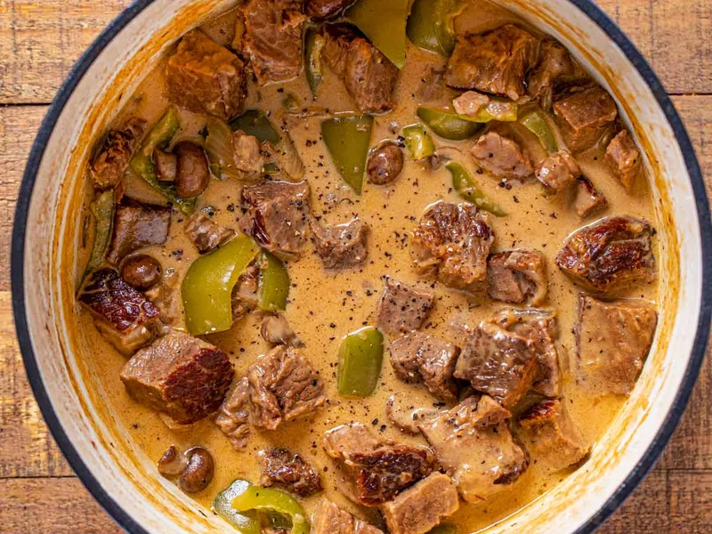 Cheesy Philly Cheesesteak Soup with Beef and Peppers