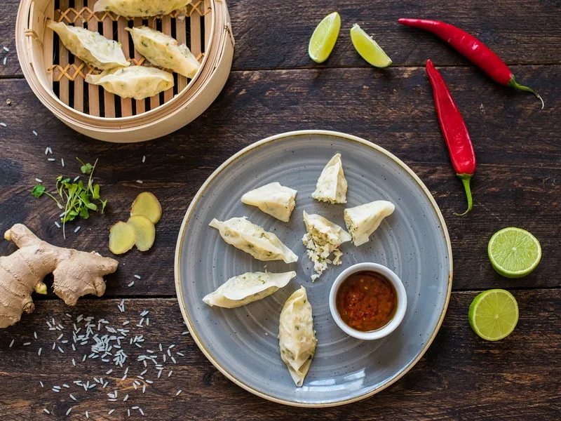 Chinese Prawn Potsticker Dumplings with Jasmine Rice