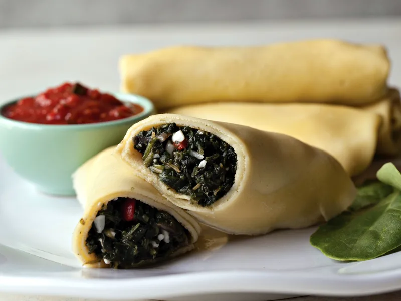 Spinach Mushroom Crêpes with Fresh Tomato Sauce