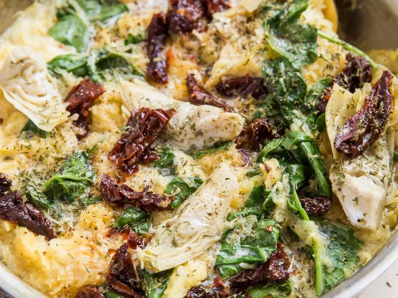 Creamy Tuscan Spaghetti Squash with Spinach and Artichokes