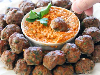 Greek Beef Meatballs with Romesco Sauce - Paleo Recipe