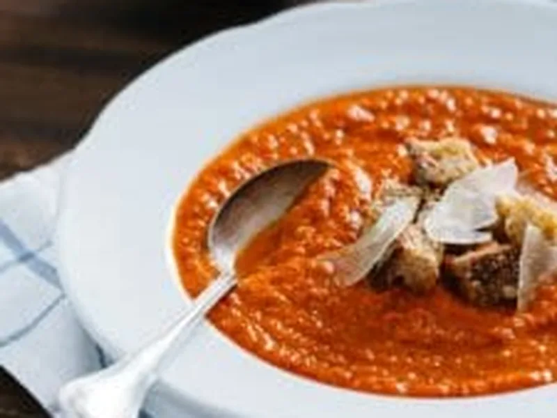 Fire-Roasted Tomato Artichoke Soup with Garlic Croutons