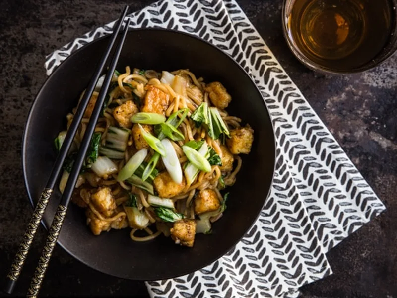 Malaysian Mee Goreng with Crispy Tofu and Fresh Bok Choy