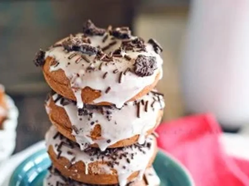 Chocolate Oreo Cake Mix Donuts with Vanilla Glaze