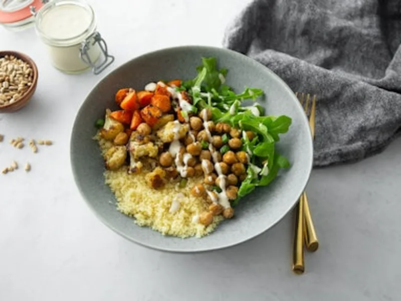 Miso-Tahini Roasted Vegetable Couscous Bowl