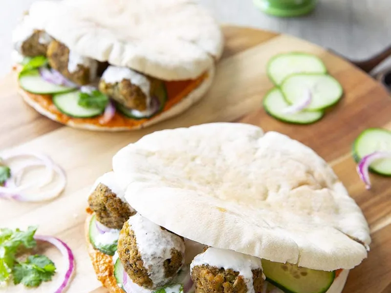 Lebanese Pita with Falafel and Muhammara Sauce