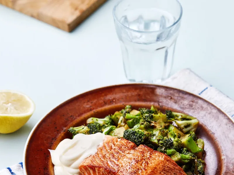 Pan-Fried Salmon with Butter Broccoli and Lemon Mayo
