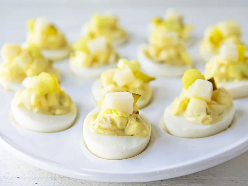 Potato Salad Deviled Eggs with Pickle Relish and Celery