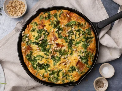 Sweet Potato Crispy Kale Frittata with Pine Nuts
