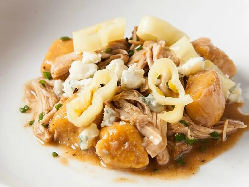 Braised Chicken with Sweet Potato Dumplings and Pickled Peppers