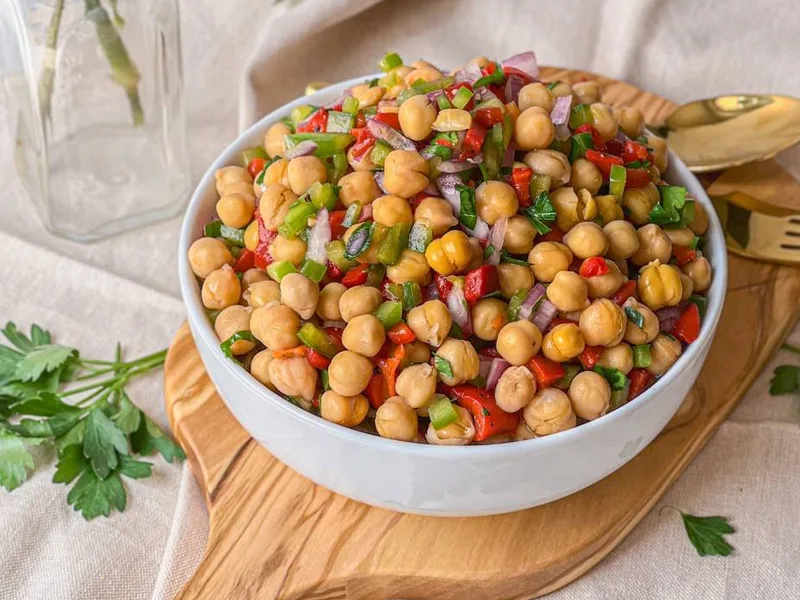 Roasted Red Pepper Chickpea Salad with Aquafaba Vinaigrette