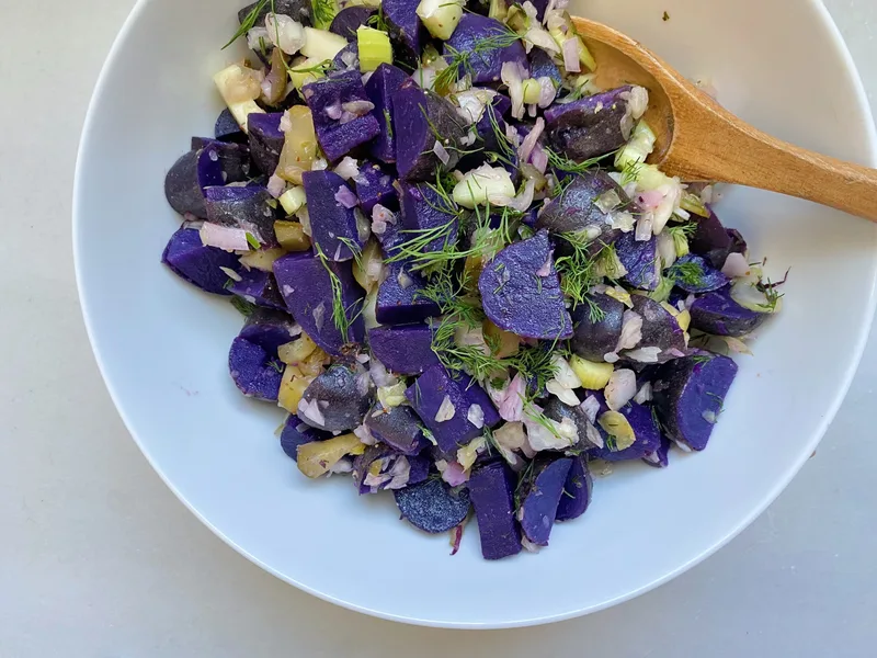 Probiotic Purple Potato Salad with Sauerkraut Vinaigrette