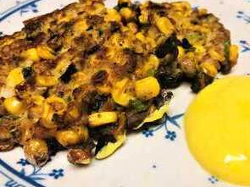 Crispy Corn Cakes with Turmeric Yogurt and Bacon