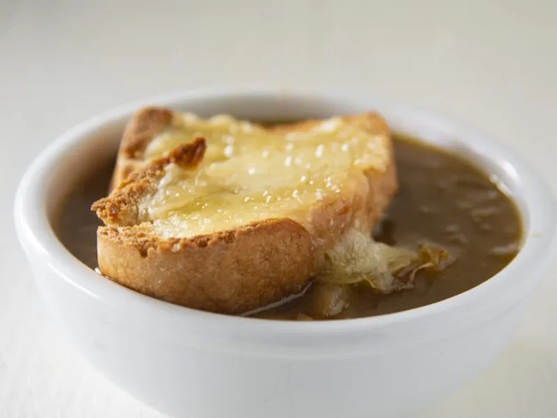 Caramelized Onion Potato Ale Soup with Swiss Cheese Toasts