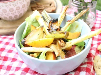 Grilled Nectarine White Asparagus Salad with Date Syrup Dressing