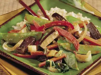 Steamed Chinese Vegetables with Peanut Hoisin Sauce over Brown Rice