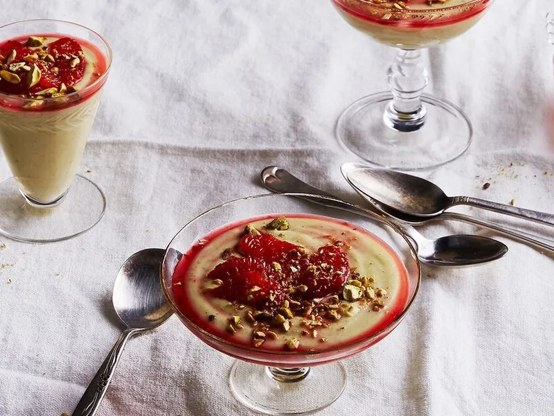Creamy Pistachio White Chocolate Pudding with Blood Orange