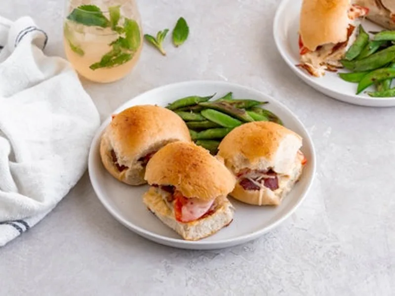 Hot Brown Slider Melts with Roasted Snap Peas and Mint Juleps