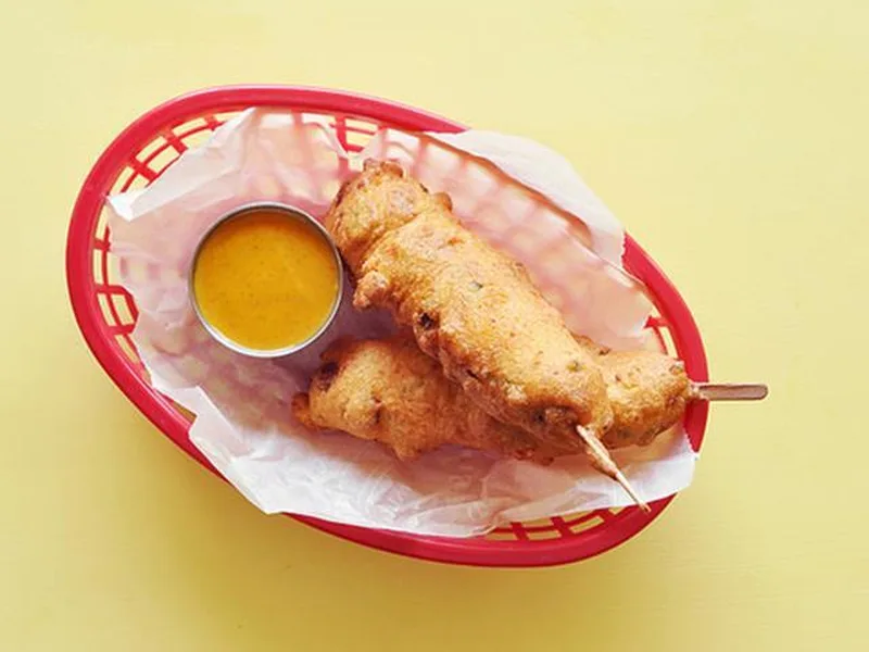 Bacon Cheddar Jalapeno Corn Dogs with Sriracha Honey