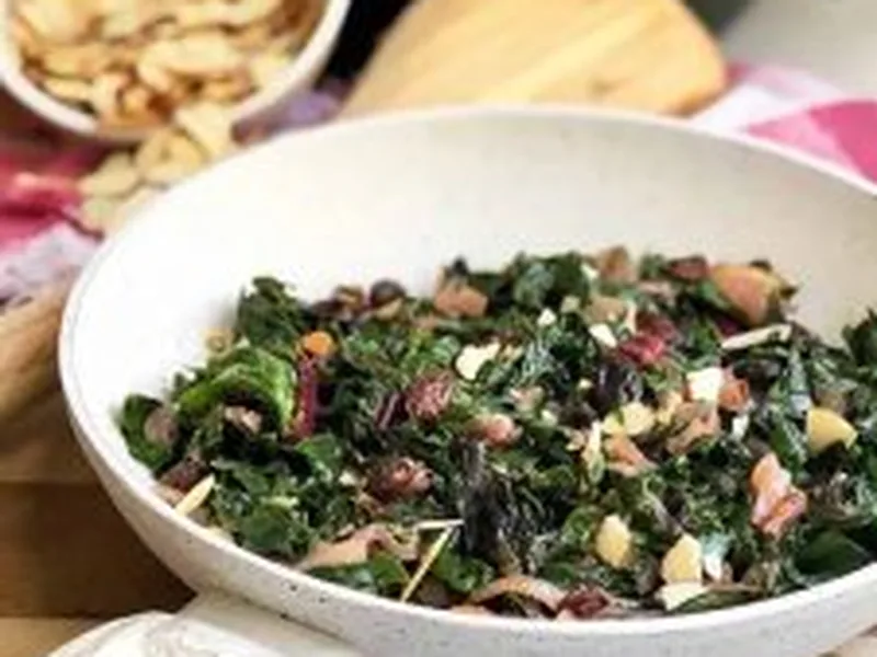 Sauteed Swiss Chard with Caramelized Onions and Almonds