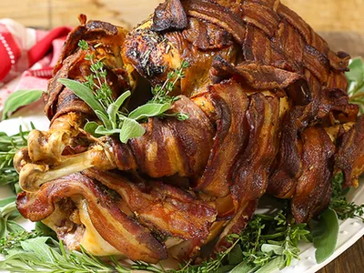Bacon-Wrapped Herb Roasted Turkey with Crispy Skin