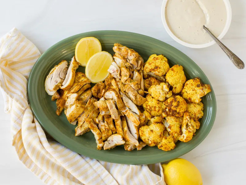 Sheet Pan Chicken Thigh and Cauliflower Shawarma