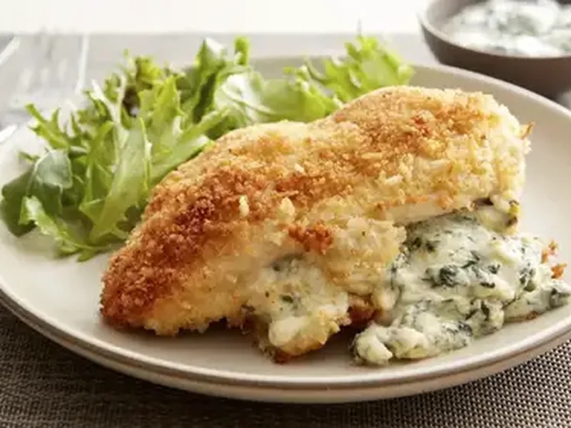 Crispy Pan-Seared Spinach and Artichoke Stuffed Chicken Breasts