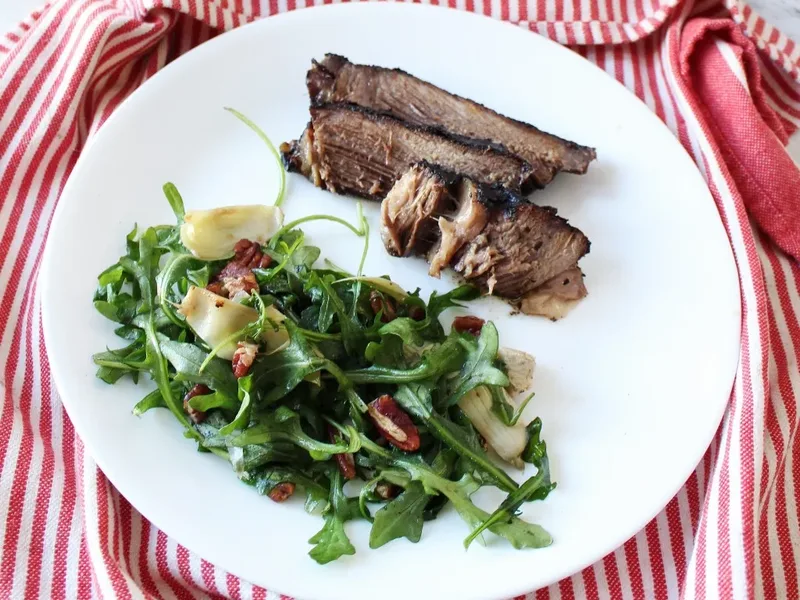 Slow-Roasted Brisket with Toasted Pecan Arugula Salad