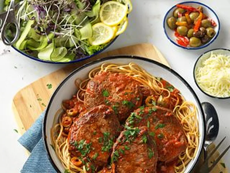 Pan-Seared Sirloin with Whole Grain Pasta & Olive Tomato Sauce